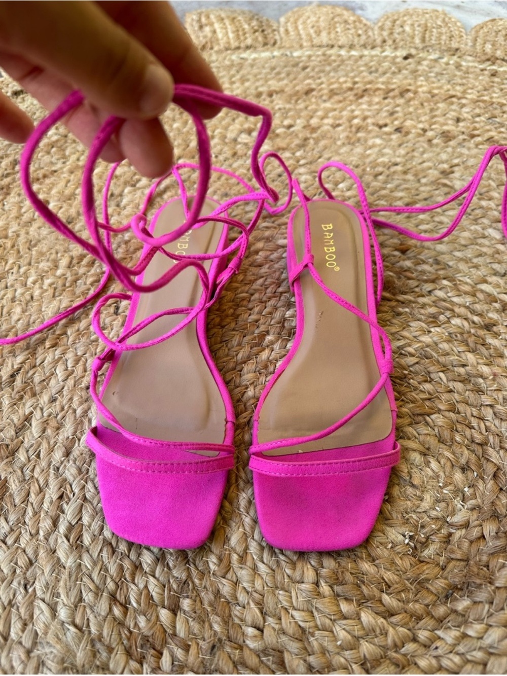 BAMBOO Hot Pink Lace-Up Square Toe Sandals